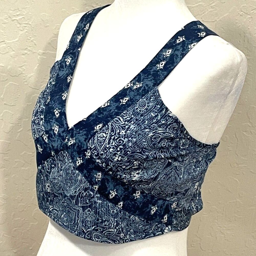~ Ecote Lg Boho Crop Top Blue Paisley Pattern Navy Adjustable Convertible Beachy